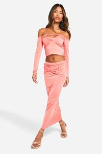 Boohoo Slinky Twist Front Long Sleeve Top & Maxi Skirt, Coral