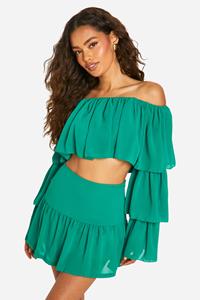 Boohoo Tiered Flared Sleeve Floaty Crop & Mini Skirt, Bright Green