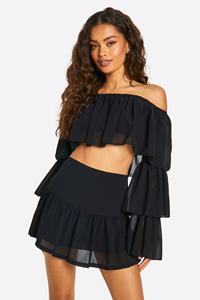 Boohoo Tiered Flared Sleeve Floaty Crop & Mini Skirt, Black