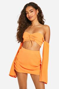 Boohoo Hammered Ruched Front Bardot & Mini Skirt, Orange