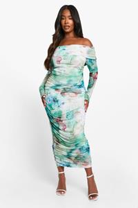 Boohoo Plus Mesh Large Floral Print Ruched Detail Long Sleeve Bardot Midaxi Dress, Multi