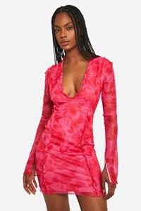 Boohoo Tall Floral Mesh Frill Mini Dress, Pink