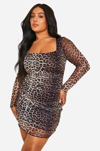 Boohoo Plus Mesh Leopard Ruched Bodycon Dress, Leopard
