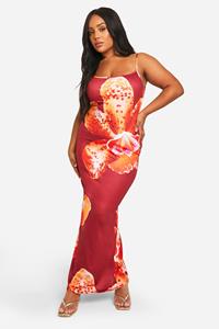 Boohoo Plus Floral Printed Strappy Maxi Dress, Wine
