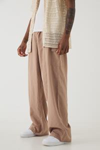 Boohoo Tall Elasticated Waist Oversized Linen Cargo Trouser In Taupe, Taupe