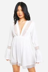 Boohoo Petite Lace Trim Beach Dress, White