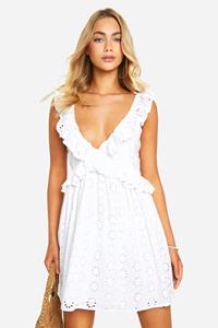 Boohoo Broderie Ruffle Plunge Mini Dress, White