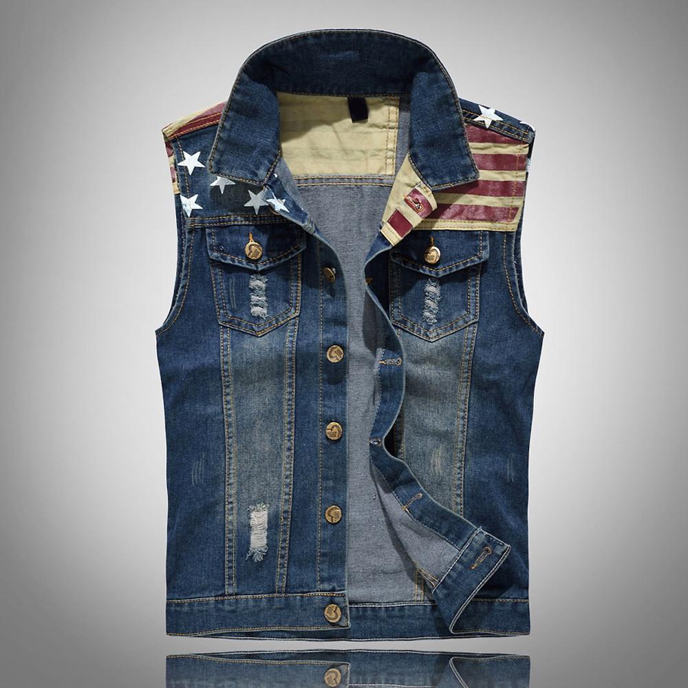NW93XW (SU)Men's New Fashion Denim Vest Casual Cowboy Jacket With Holes In Shoulder Blouse