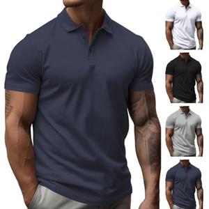 Selling Clothing Lapel Buttons Neckline Short Sleeve Men Shirt Elastic Thin Summer Solid Color Slim Sport Top Streetwear
