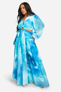 Boohoo Plus Printed Chiffon Cut Out Maxi Dress, Blue