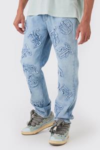 Boohoo Relaxed Rigid Official Applique Jeans In Ice Blue, Ice Blue