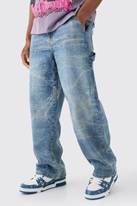Boohoo Baggy Rigid Carpenter Crinkle Denim Jeans In Antique Blue, Antique Blue