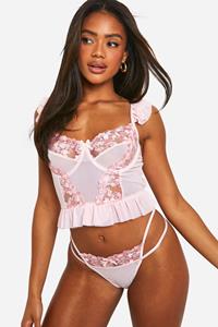 Boohoo Lace Mesh Frill Corest And Thong Set, Pink