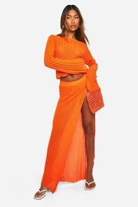 Boohoo Tie Back Top And Thigh Split Maxi Skirt Crochet Knit Set, Orange