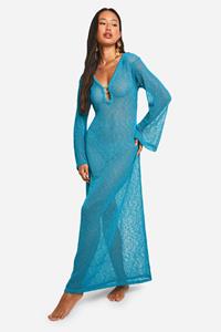 Boohoo Popcorn Crochet O-Ring Beach Cover-Up Maxi Dress, Blue