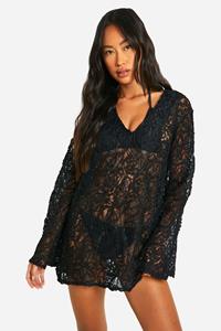 Boohoo Premium Embossed Lace Crochet Beach Cover-Up Dress, Black