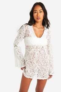 Boohoo Premium Embossed Lace Crochet Beach Cover-Up Dress, White
