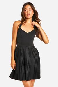 Boohoo Tall Pleated Skirt Halter Mini Dress, Black