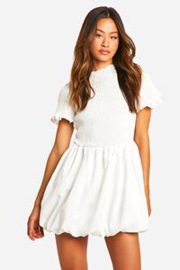 Boohoo Tall Shirred Short Sleeve Puff Sleeve Mini Dress, White