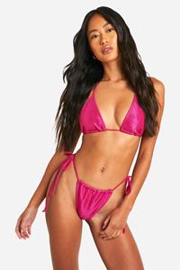 Boohoo Metallic Textured Rib Triangle Bikini Set, Hot Pink