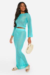 Boohoo Crochet Crop Top And Maxi Skirt Knitted Set, Turquoise