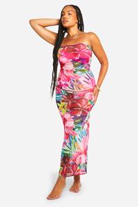 Boohoo Plus Tropical Floral Print Bandeau Mesh Beach Dress, Multi