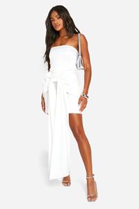 Boohoo Premium Structured Bow Draped Satin Bandeau Mini Dress, White