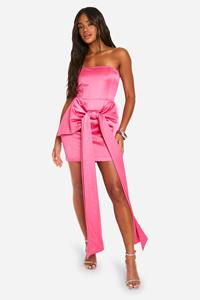 Boohoo Premium Structured Bow Draped Satin Bandeau Mini Dress, Hot Pink