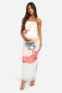 Boohoo Maternity Mesh Floral Print Bandeau Maxi Dress, Cream