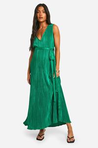 Boohoo Maternity Plisse Belted V-Neck Midaxi Dress, Green
