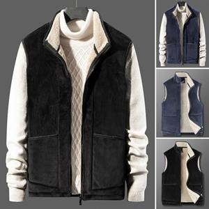 Selling Clothing Pockets Zipper Placket Fleece Lining Windproof Thickened Vest Jacket Men Autumn Winter Solid Color Stand Collar Plus Size Waistcoat
