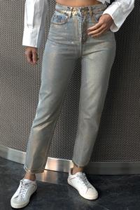Trendyol Women's Jeans Fashion New Season Gray Shiny Metallic Printed High Waist Mom Jeans