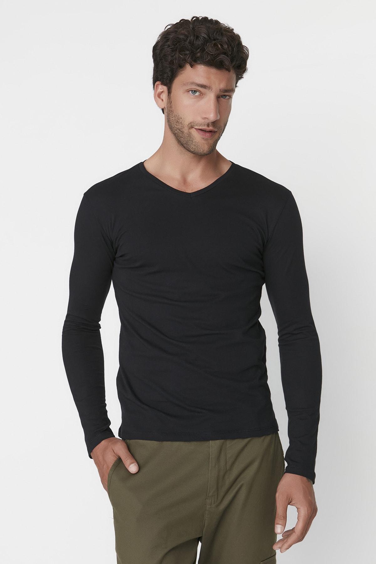NEW WOMEN FASHION Men's Fashion New T-Shirt Black Regular Normal Cut V-Neck Long Sleeve Basic T-Shirt