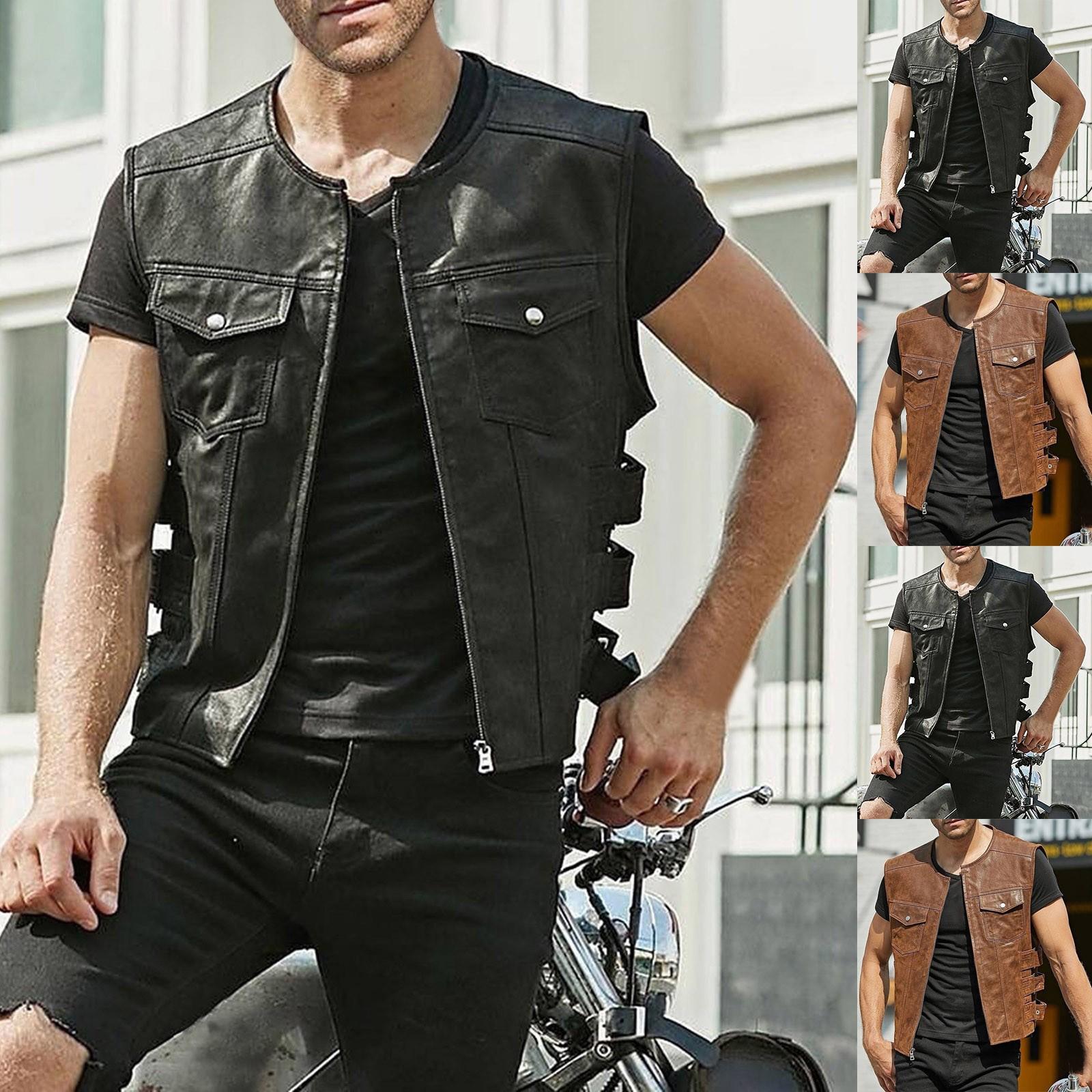 Scrambled eggs Men's Casual Fashion Zipper Vest Men's Solid Color Multi Pocket Vest Motorcycle Rider Vest