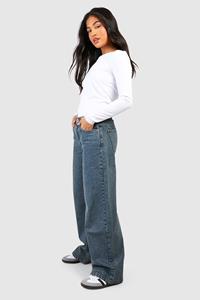 Boohoo Petite Basic High Waist Super Wide Leg Jeans, Vintage Wash