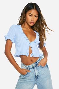 Boohoo Lightweight Rib Knit Tie Front Top, Baby Blue