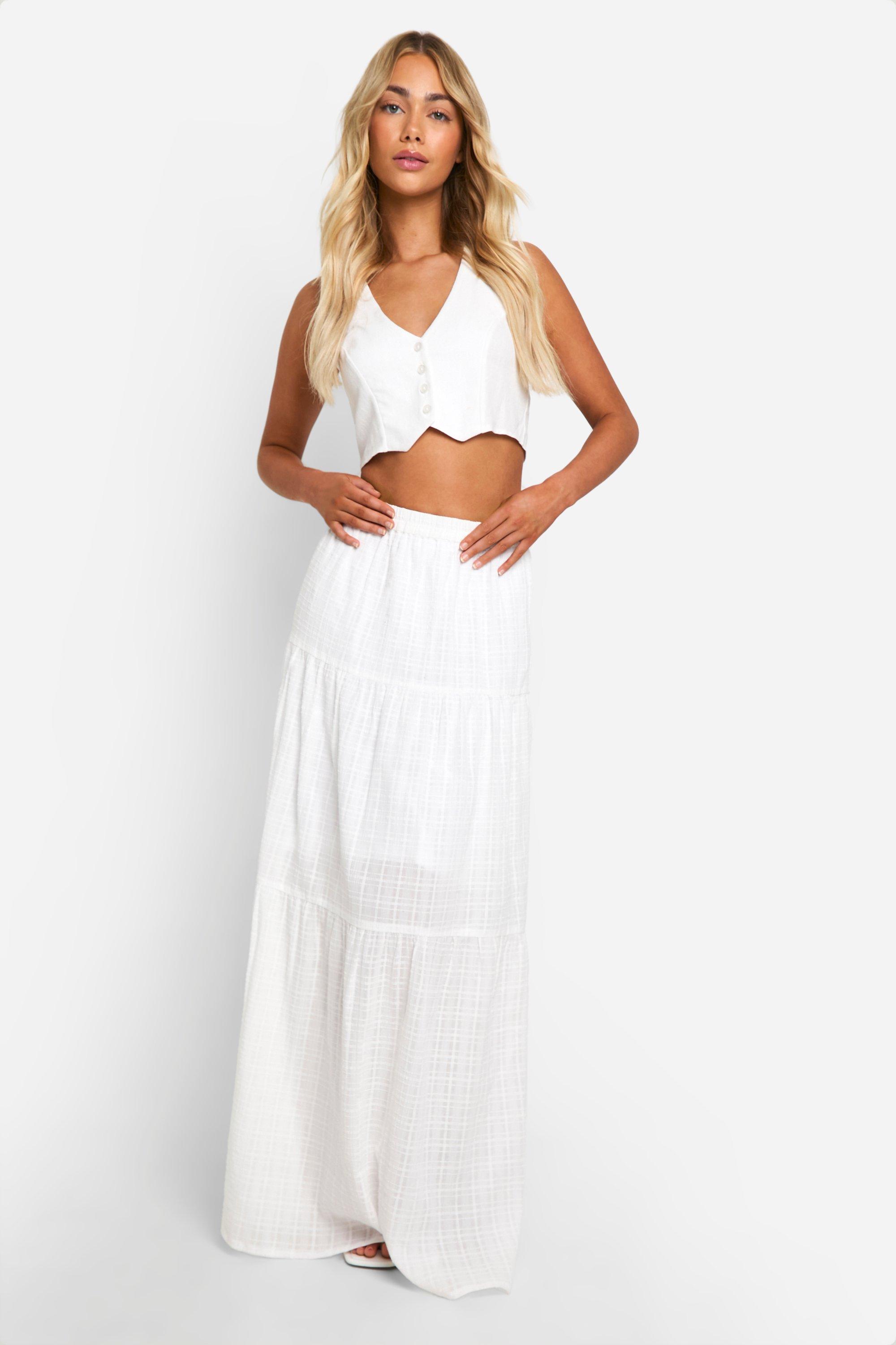 Boohoo Textured Floaty Tiered Maxi Skirt, White