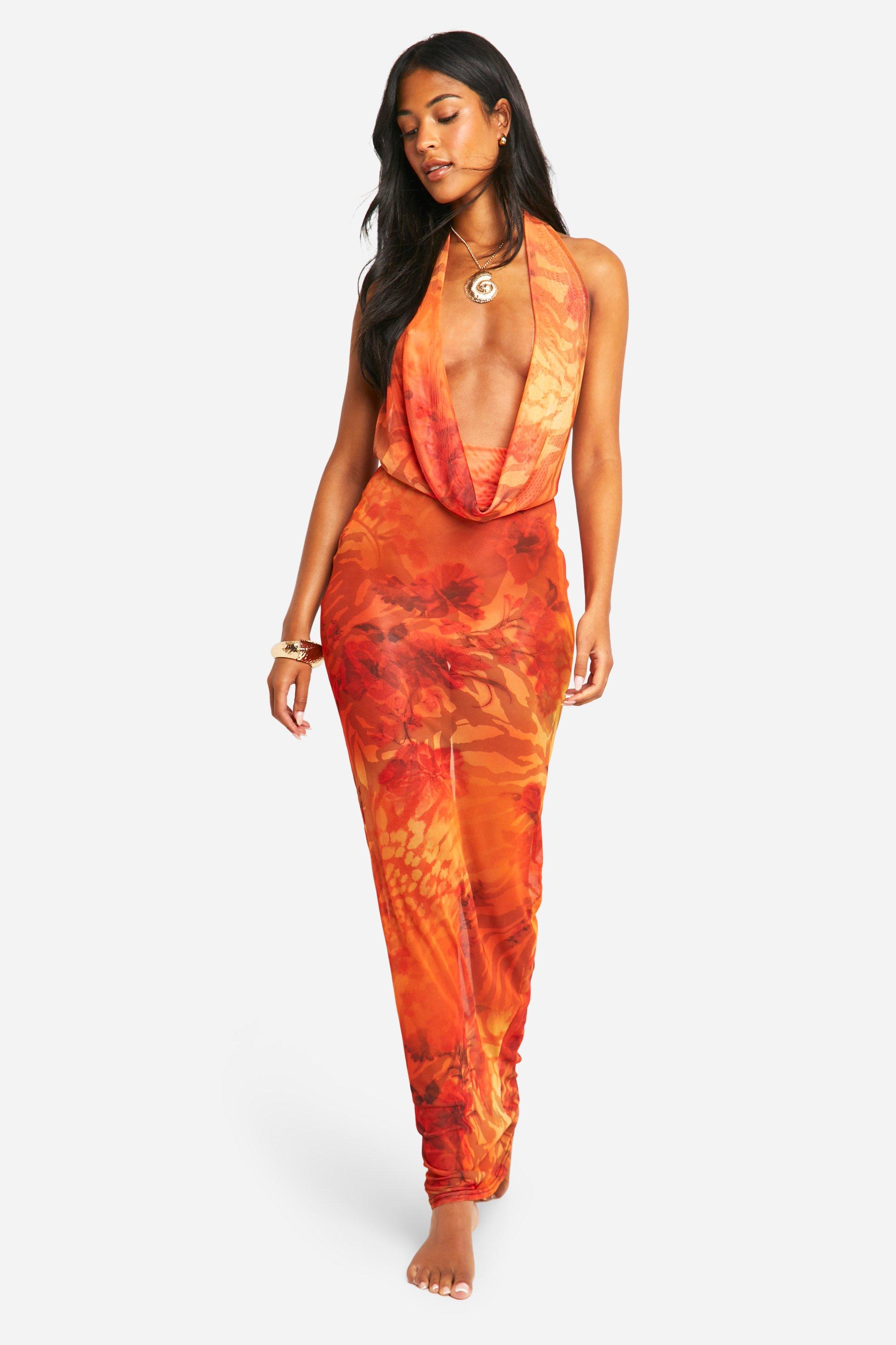 Boohoo Tall Abstract Mesh Cowl Neck Maxi Beach Dress, Orange