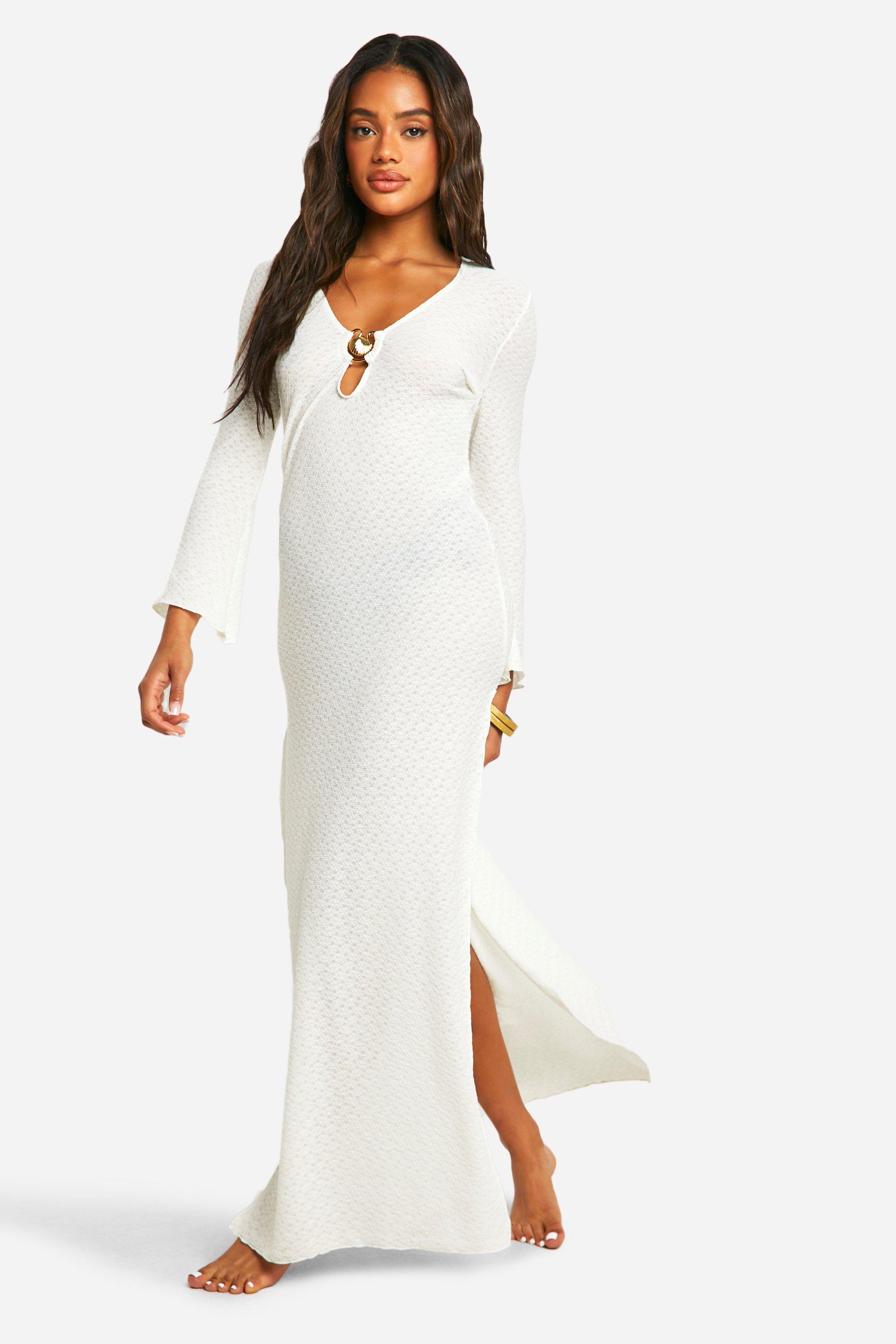 Boohoo Shell Trim Crinkle Beach Maxi Dress, White