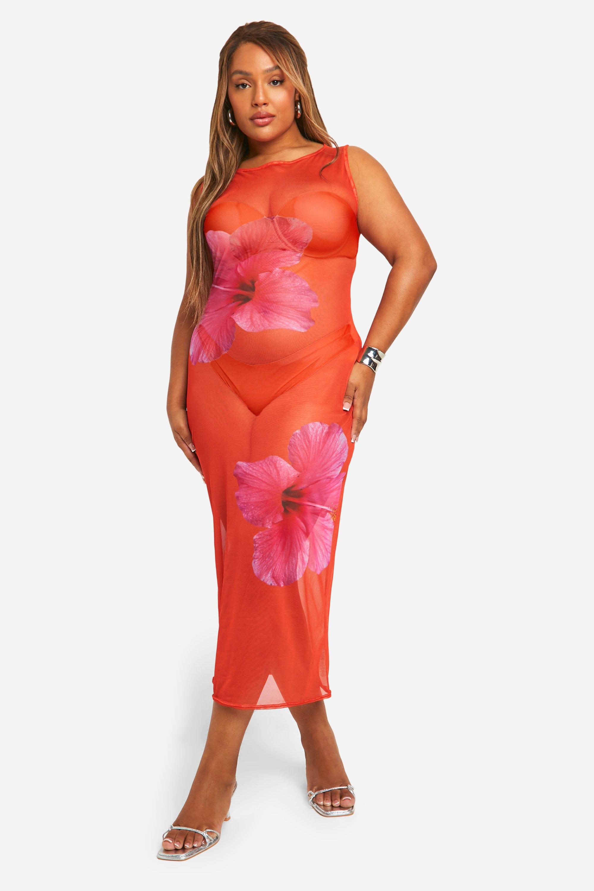 Boohoo Plus Large Floral Sleevless Mesh Beach Dress, Orange
