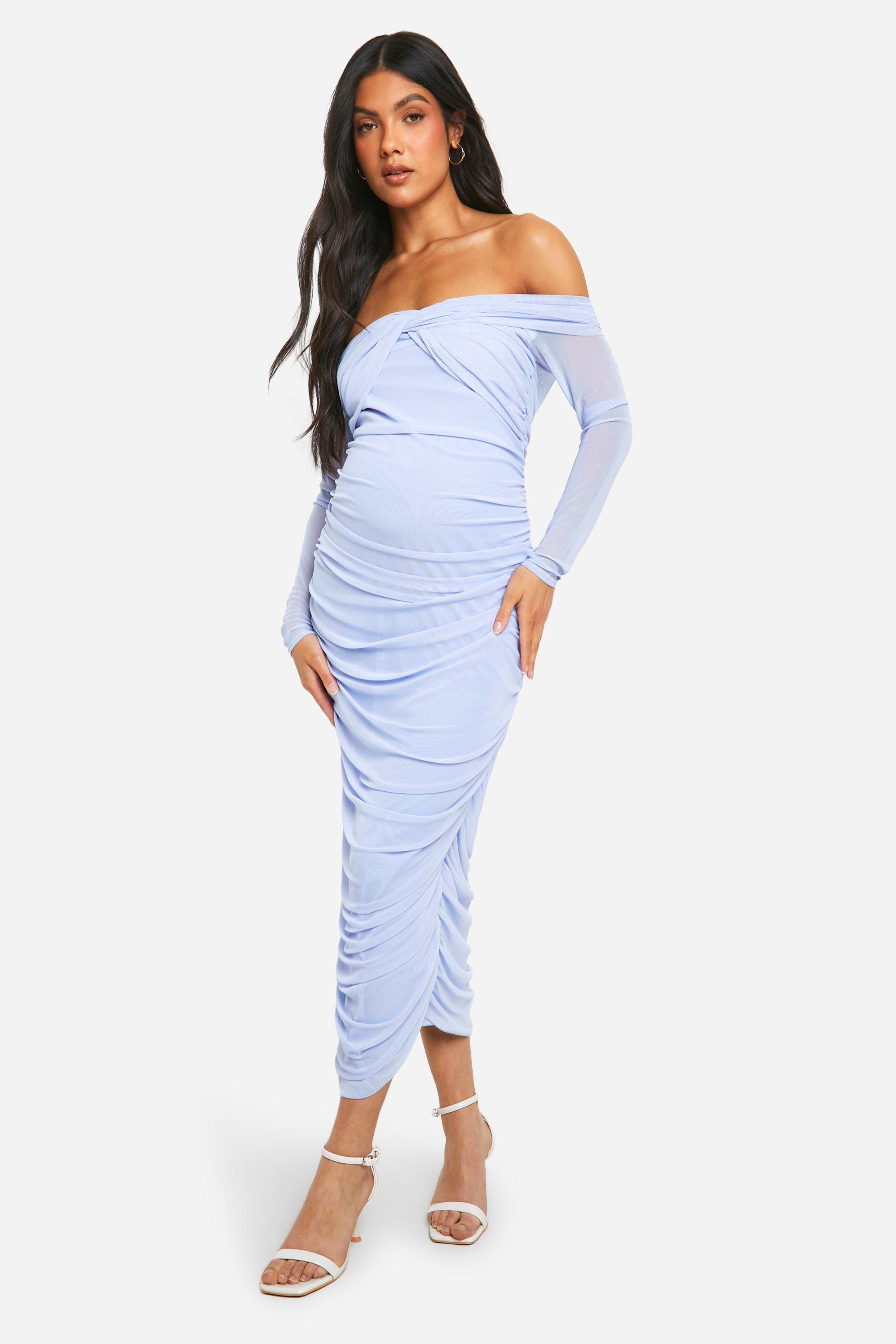 Boohoo Maternity Knot Front Mesh Bardot Midaxi Dress, Light Blue