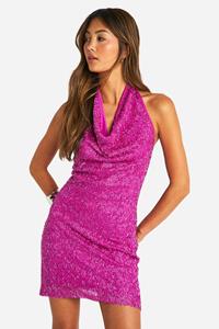 Boohoo Sequin Halterneck Cowl Mini Dress, Purple