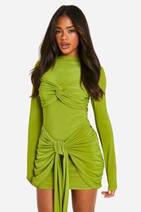 Boohoo Ruched Twist Detail Mini Dress, Lime