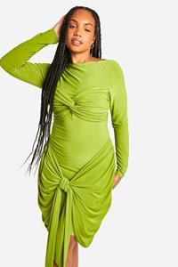 Boohoo Plus Double Slinky Ruched Tie Bodycon Dress, Lime