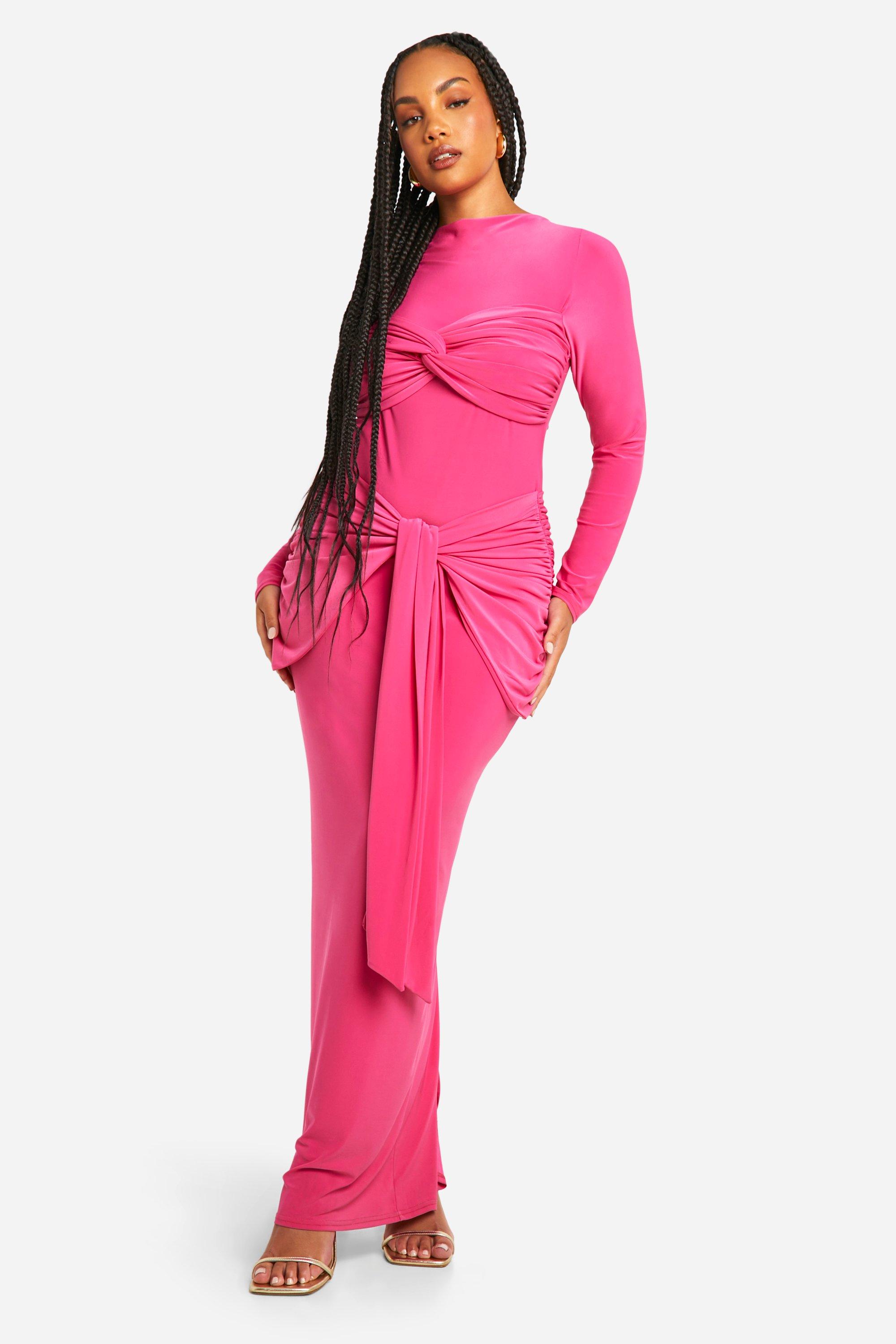 Boohoo Plus Double Slinky Ruched Tie Maxi Dress, Hot Pink