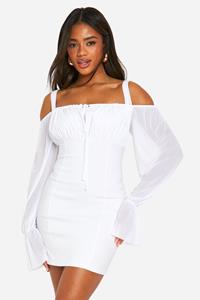 Boohoo Bengaline Mesh Volume Sleeve Mini Dress, White