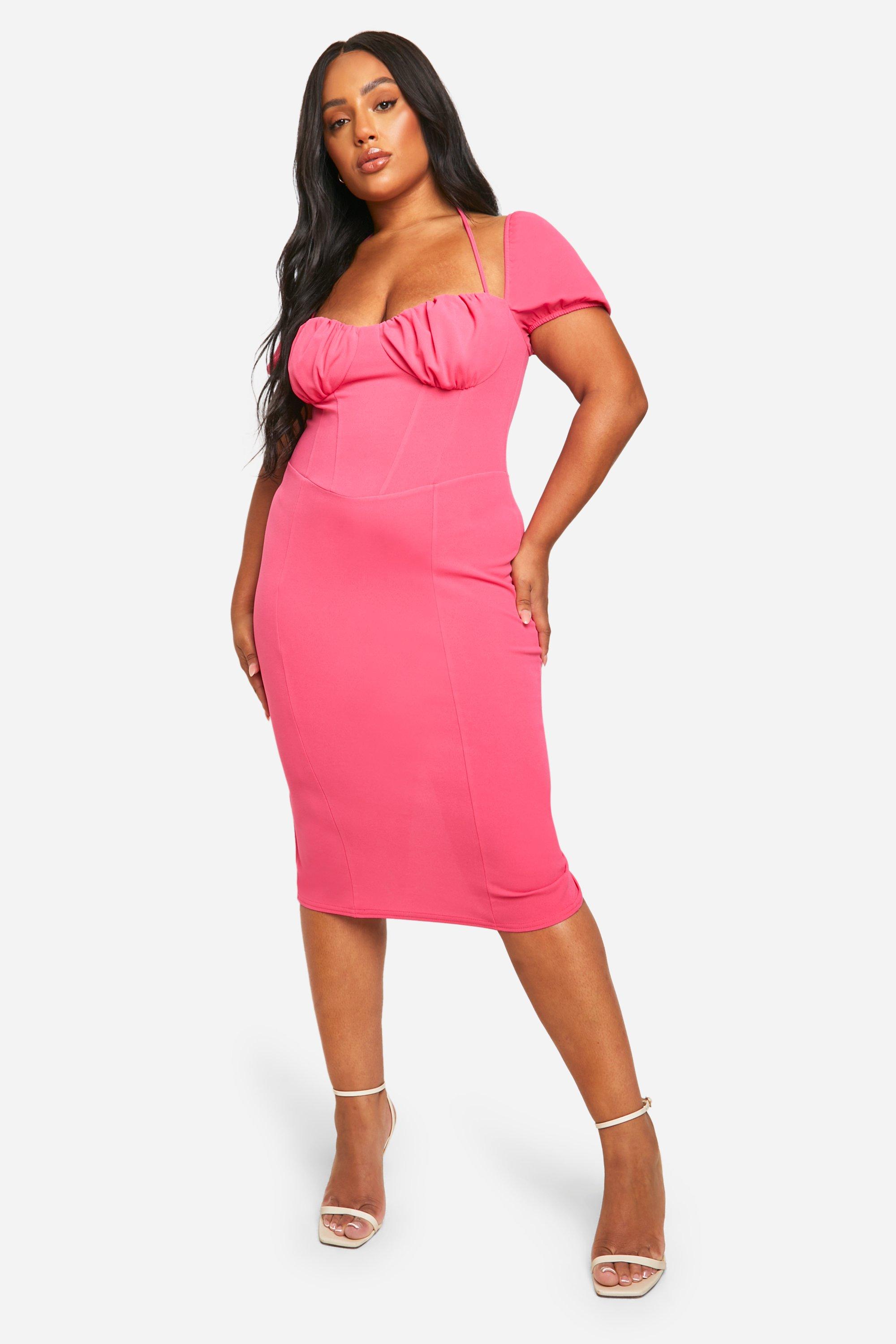 Boohoo Plus Puff Sleeve Midi Dress, Hot Pink