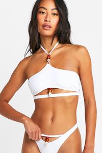 Boohoo Beaded Shell Trim Halterneck Bikini Top, White