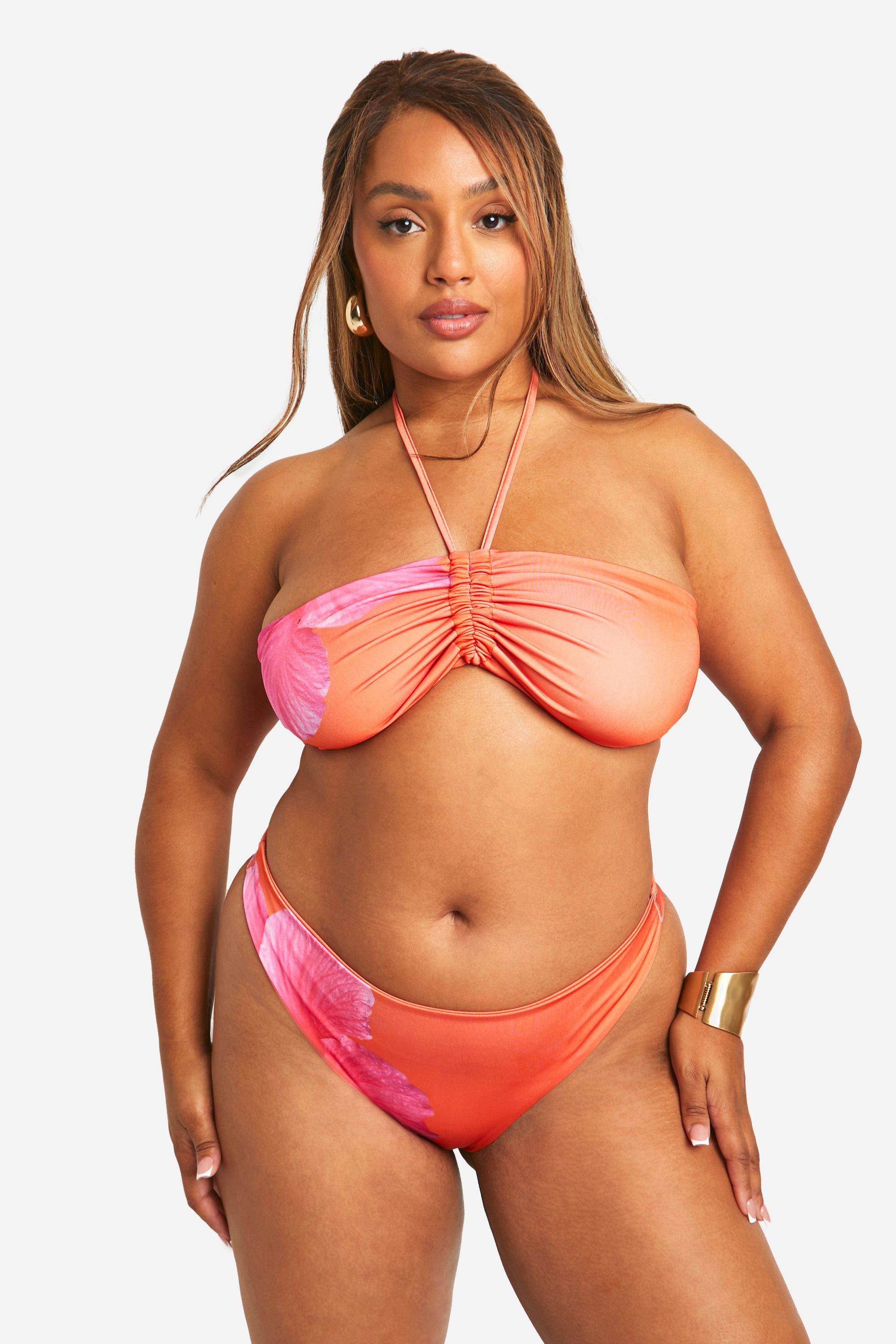 Boohoo Plus Large Floral Bandeau Bikini Top, Orange