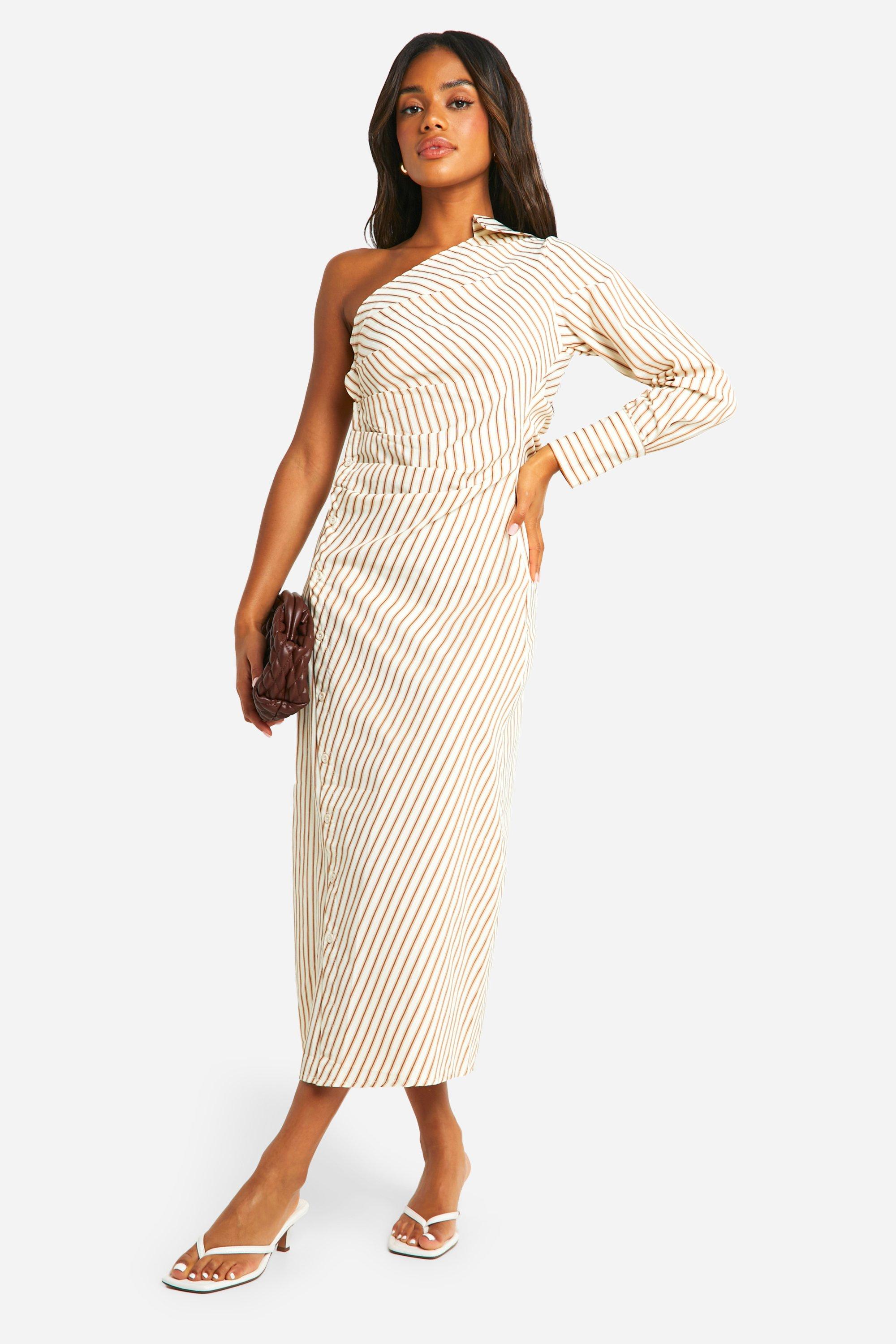 Boohoo Stripe Asymmetric Shirt Midaxi Dress, Brown